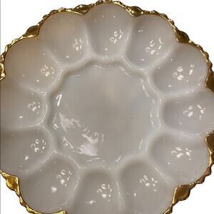 Vintage Anchor Hocking Milk Glass Deviled Egg Dish with Gold Edges -Set of 2
